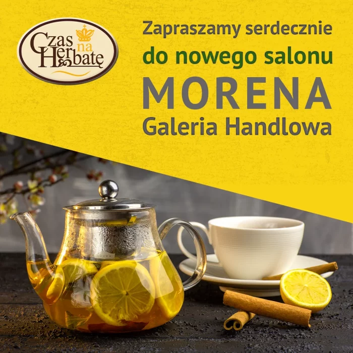 Baner informacyjny - Nowy salon Czas na Herbatę w Galerii Morena ze dzbankiem i filiżanką z herbatą