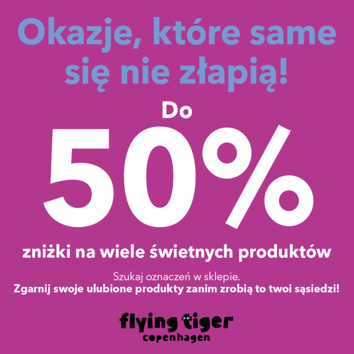 Baner promocyjny w fioletowym kolorze Flying Tiger Copenhagen – wiosenne okazje do -50% zniżki na wybrane produkty