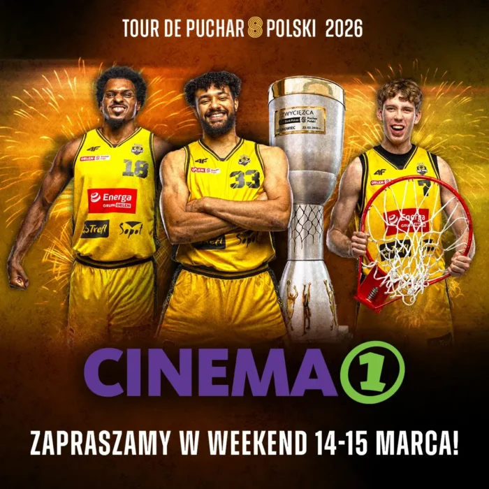 Baner informacyjny Cinema1 z koszykarzami Trefla Sopot i Pucharem Polski 2026
