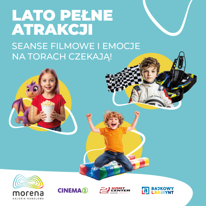 Baner informacyjny w turkusowym kolorze z dziećmi w tle - lato pełne atrakcji