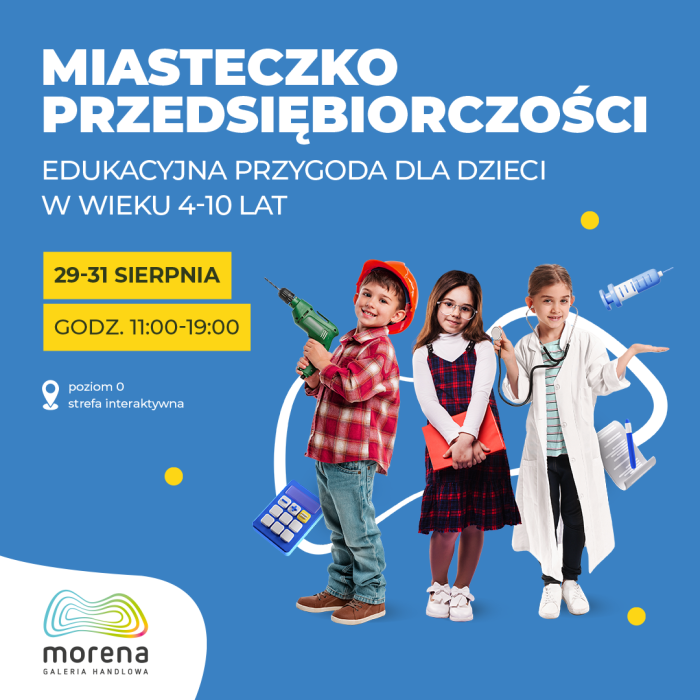 Baner informacyjny w niebieskim kolorze z dziećmi w tle - Miasteczko przedsiębiorczości w Galerii Morena