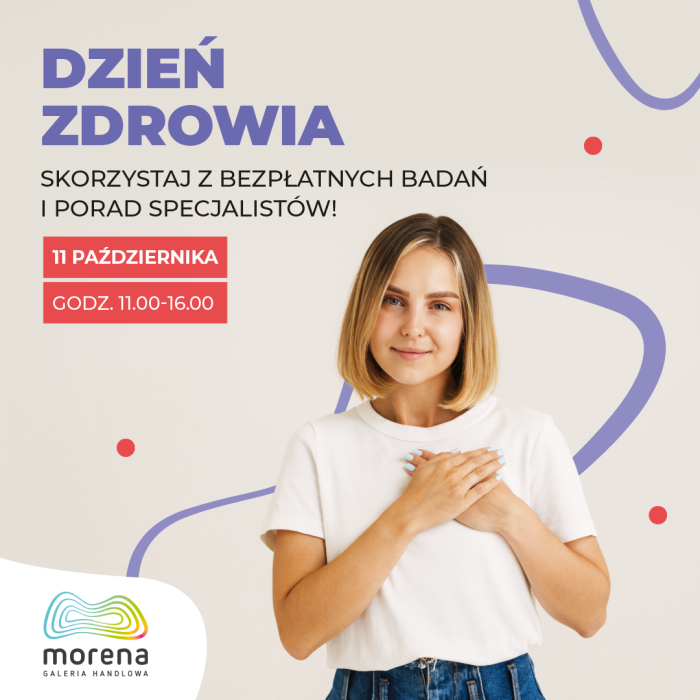 Baner informacyjny w beżowym kolorze - Dzień zdrowia w Galerii Morena z kobietą w białej koszulce trzymającą dłonie na sercu