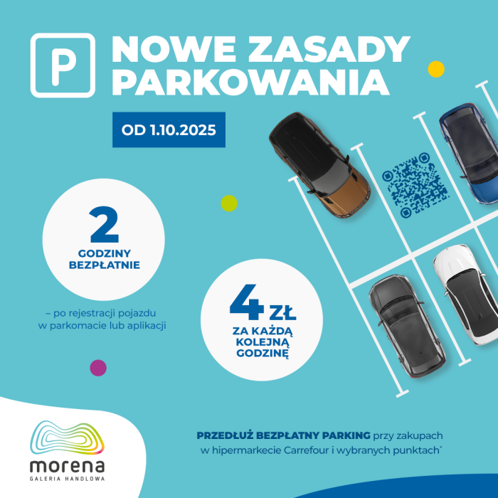 Baner informacyjny w turkusowym kolorze - nowe zasady parkowania w Galerii Morena