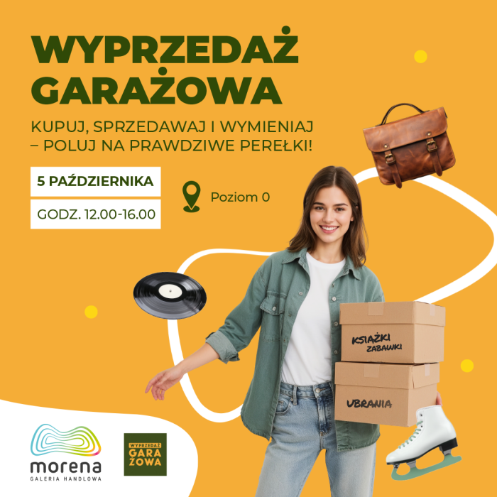 Baner informacyjny w pomarańczowym kolorze z uśmiechniętą kobietą - Wyprzedaż garażowa w Galerii Morena