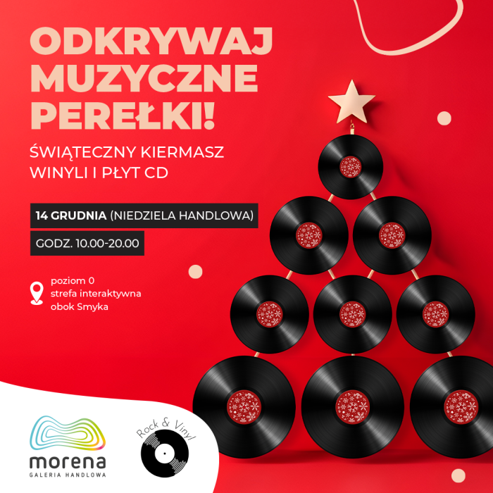 Baner informacyjny w czerwonym kolorze z choinką z płyt winylowych