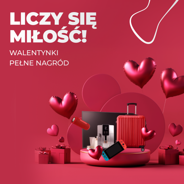 Baner informacyjny w różowym kolorze z balonami i gadżetami elektronicznymi - Walentynki w Galerii Morena