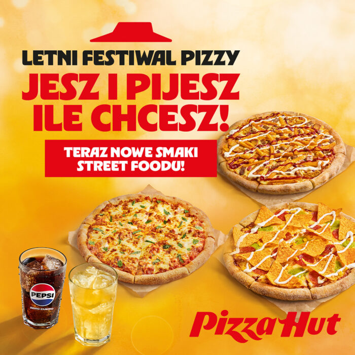 Baner promocyjny Pizza Hut z trzema pizzami street food i napojami na złotym tle - Letni Festiwal Pizzy