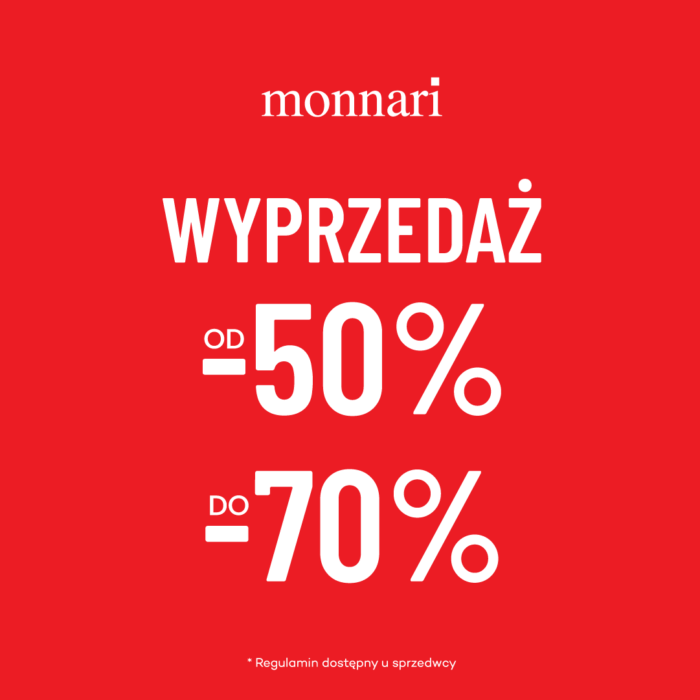 Baner promocyjny Monnari w czerwonym kolorze - wyprzedaż od -50% do -70% w salonach Monnari