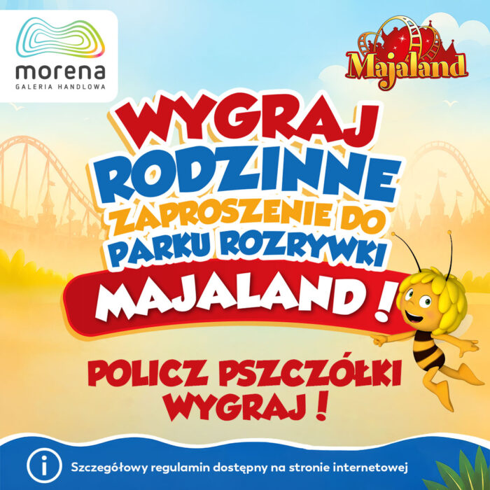 Baner informacyjny z Pszczółką Maja na tle parku rozrywki – konkurs Wygraj rodzinne zaproszenie do parku Majaland