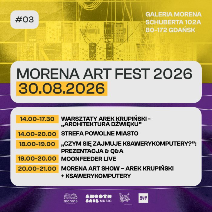 Baner informacyjny na żółto-fioletowym tle - Morena Art Fest 2026 30 sierpnia w Galerii Morena