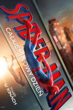 Plakat do filmu Spider-Man Całkiem Nowy Dzień ze Spider-Manem zwisającym głową w dół na tle miasta