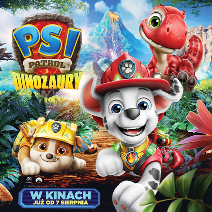 Plakat do filmu Psi Patrol i Dinozaury z Marshallem w czerwonym hełmie, Rubble'em i czerwonym dinozaurem na tle dżungli i wulkanu