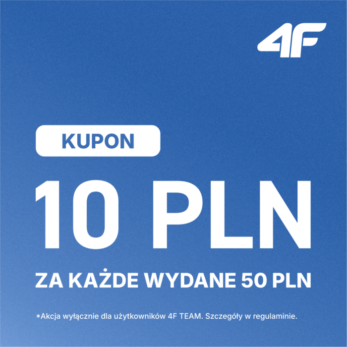 Baner promocyjny w niebieskim kolorze - kupon 10 pln za każde wydane 50 zł w 4F