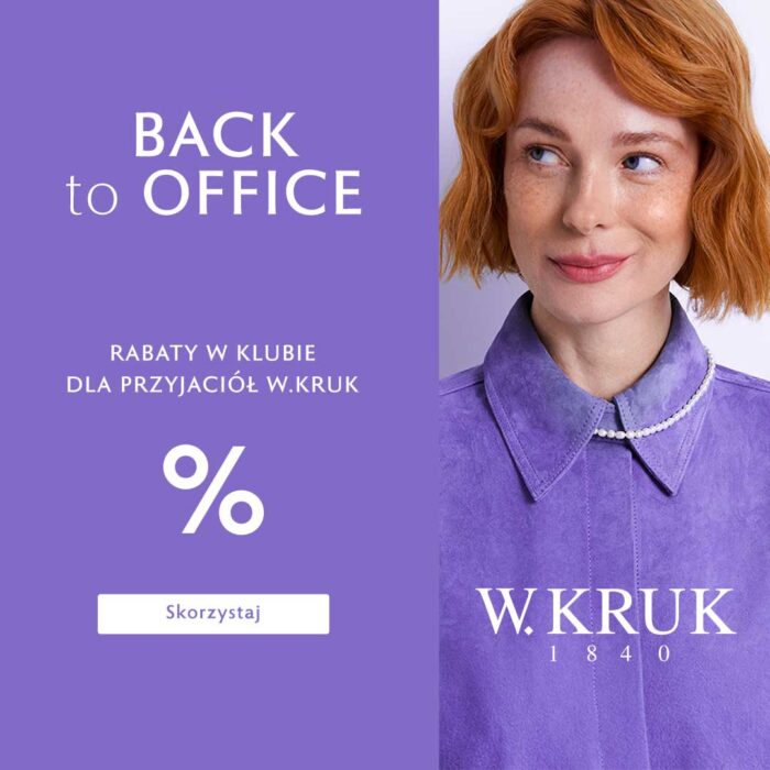 Baner promocyjny W.KRUK na fioletowym tle z rudowłosą kobietą w fioletowej koszuli - Back to Office, rabaty w klubie