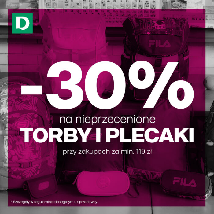 Baner promocyjny Deichmann w bordowym kolorze z plecakami i torbami FILA - 30% na nieprzecenione torby i plecaki od 119 zł