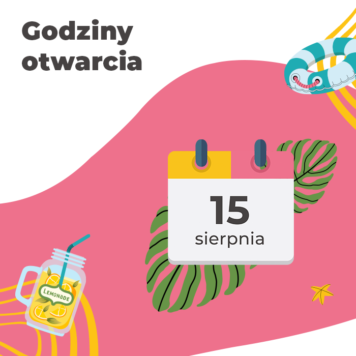 Baner informacyjny Galerii Morena na różowym tle z ikoną kalendarza - godziny otwarcia 15 sierpnia