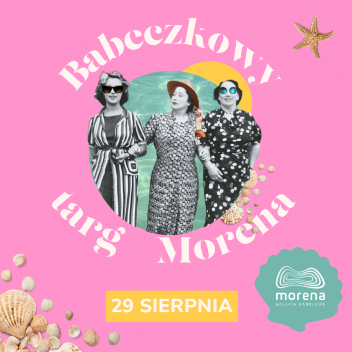 Baner w różowym kolorze Babeczkowy Targ w Galerii Morena z czarno-białym kolażem trzech kobiet w okularach