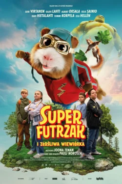 Plakat do filmu Superfutrzak i Złośliwa Wiewiórka ze świnką morską w okularach lotniczych i dziećmi na leśnej wyspie