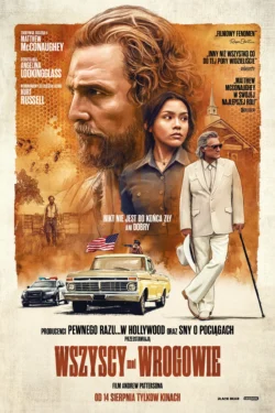 Plakat do filmu Wszyscy Moi Wrogowie na tle pszczelego plastra i pejzażu południa USA