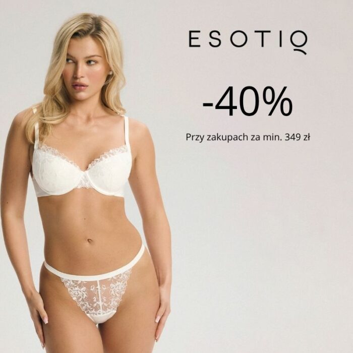 Baner promocyjny Esotiq z kobietą w białej bieliźnie - -40% przy zakupach za min. 349 zł