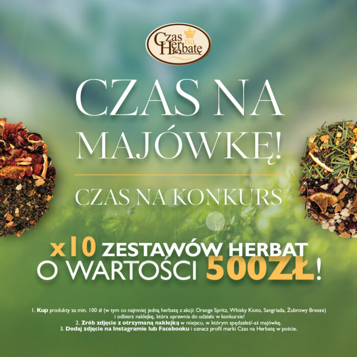 Baner promocyjny Czas Na Herbatę w zielonym kolorze z mieszankami herbat w tle