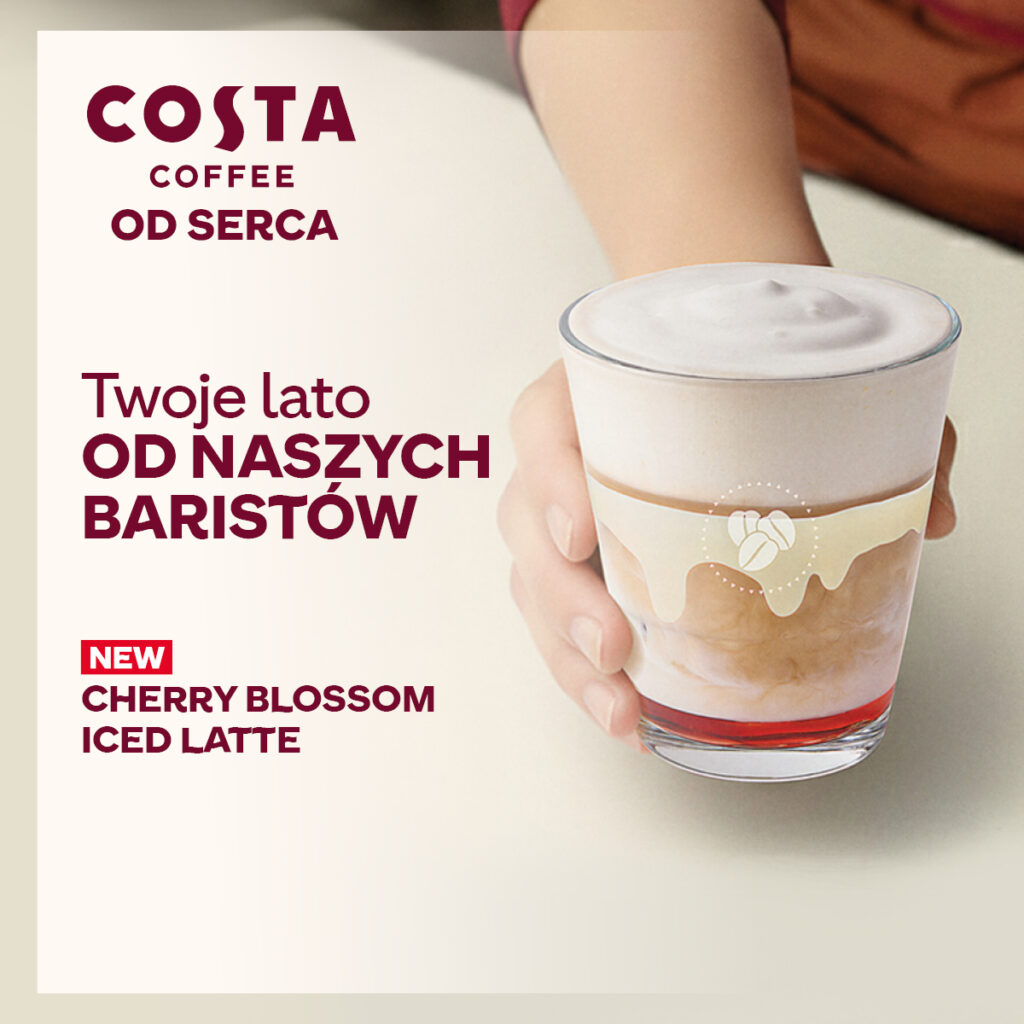 Baner promocyjny Costa Coffee z nowym napojem - cherry blossom iced latte