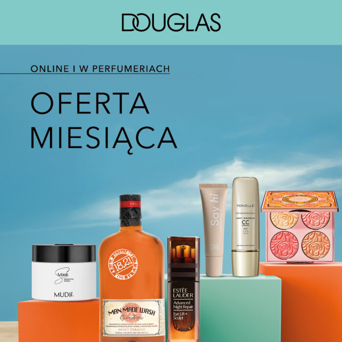 Baner promocyjny Douglas z kosmetykami na tle nieba - oferta miesiąca online i w perfumeriach