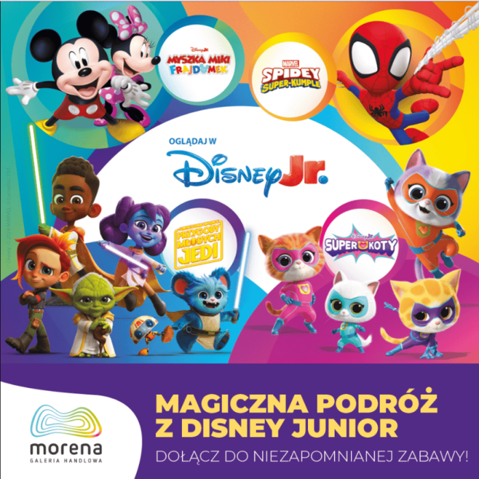 Kolorowy baner informacyjny z postaciami Disney