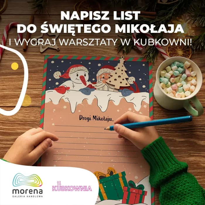 Baner informacyjny - dziecko pisze list do Świętego Mikołaja przy drewnianym stole, na kartce z ilustracją Mikołaja i bałwana oraz prezentami, obok kubek z piankami marshmallow i świąteczne dekoracje