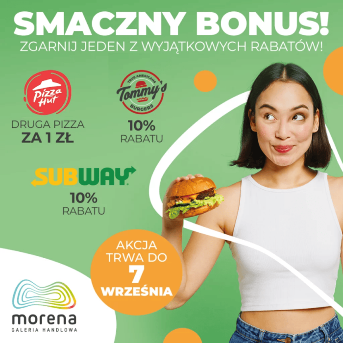 Baner promocyjny restauracji z kobietą trzymającą burgera w ręce