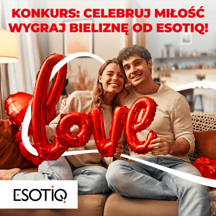 Baner informacyjny z uśmiechniętą parą, która przytula się i trzyma w rękach napis z balonów love