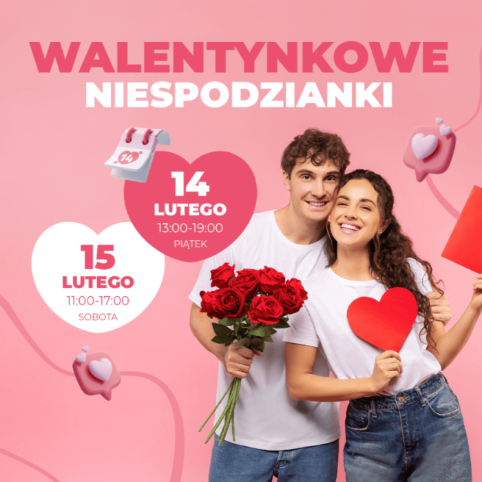 Różowy baner informacyjny walentynkowe niespodzianki za zakupy w Galerii Morena z uśmiechniętą parą w tle