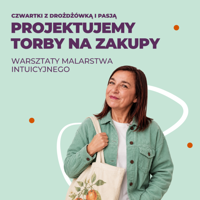 Baner informacyjny z uśmiechniętą kobietą z torbą na zakupy - bezpłatne spotkania dla seniorów w Galerii Morena