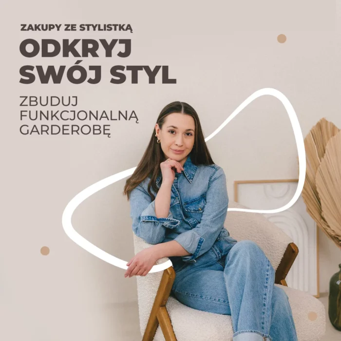 Baner informacyjny w beżowym kolorze z kobietą - zakupy ze stylistką w Galerii Morena
