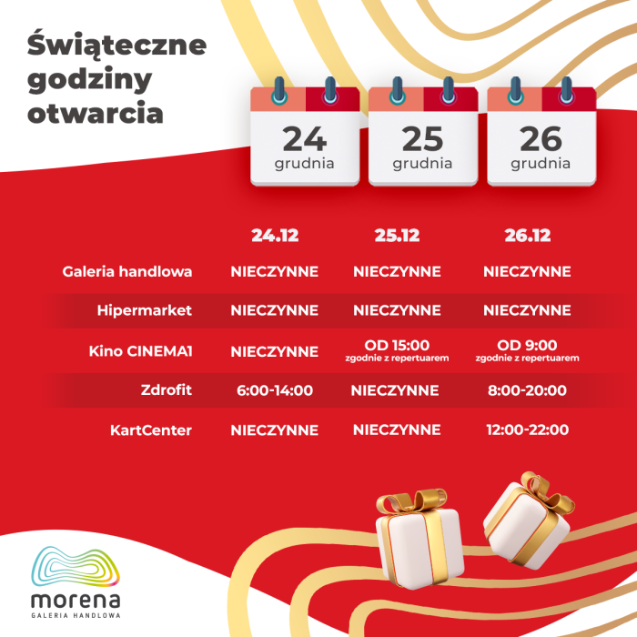 Baner informacyjny - Świąteczne godziny otwarcia Galerii Morena