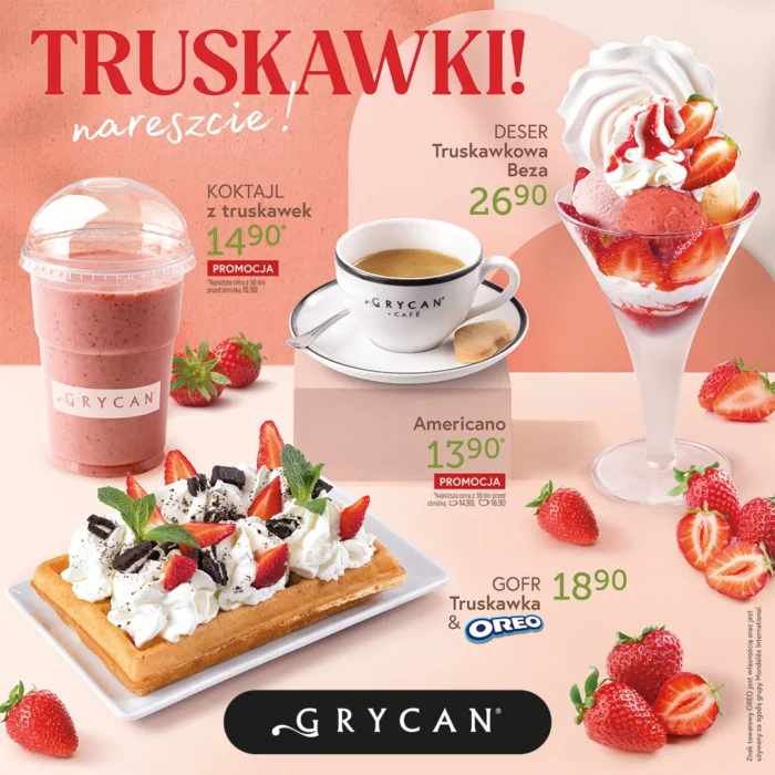 Baner promocyjny Grycan w różowym kolorze z koktajlem, deserem i gofrem z truskawkami
