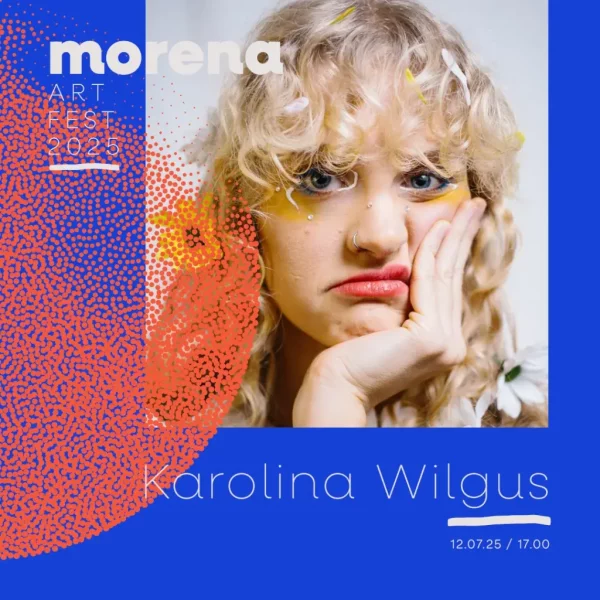 Baner informacyjny w niebieskim kolorze i dziewczyną w tle Morena Art Fest 2025