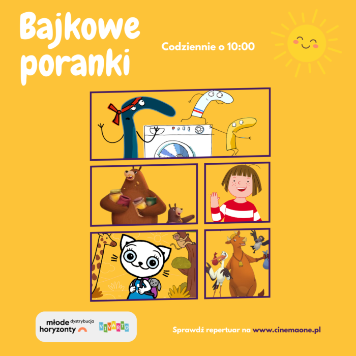 Baner informacyjny w żółtym kolorze z postaciami z bajek animowanych - Bajkowe Poranki w kinie Cinema1 codziennie o 10:00