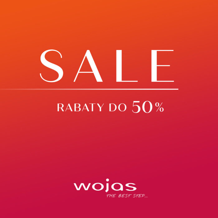 Baner promocyjny Wojas w pomarańczowo-różowym kolorze - rabaty do 50% na obuwie i akcesoria w salonach Wojas