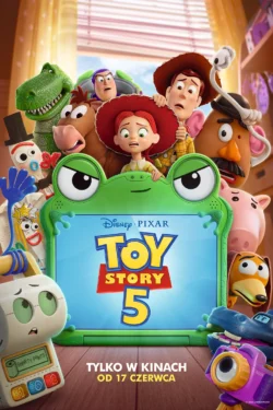 Plakat do filmu animowanego Toy Story 5 z Wooodym, Jessie i zabawkami wyglądającymi zza zielonego tabletu-żaby